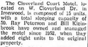 Budget Host Inn (Cloverland Court Motel, Cloverland Motel) - Aug 1954 Article (newer photo)